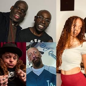 Five poets in different environments: two men together, each dressed in black with wide smiles; a woman with long unbraided hair looks over her shoulder; a man in a blue LA Dodgers’ jersey with a thick brown goatee and the words DJ Quad on the wall behind him; and a person wearing multiple rings, a black fedora, and fake fur in front of a red velvet curtain.